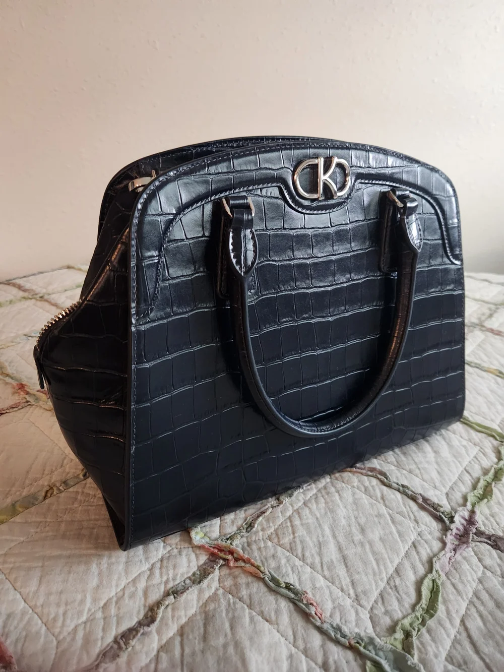 Kate Spade Blazer Blue Croc-Embossed Satchel, Silver Hardware, Crossbody Strap